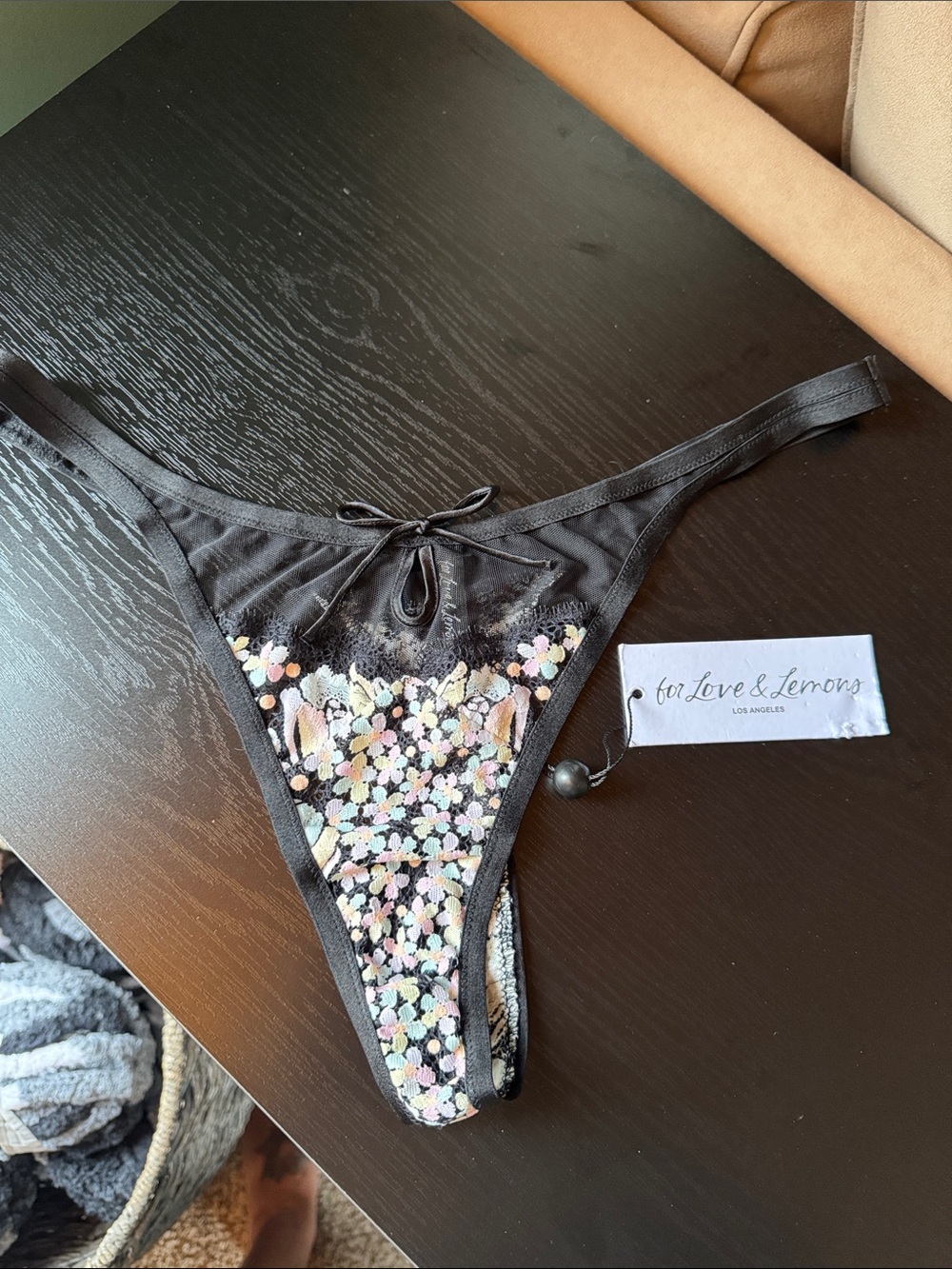 For Love & Lemons Black Thong with Pastel Floral Embroidery